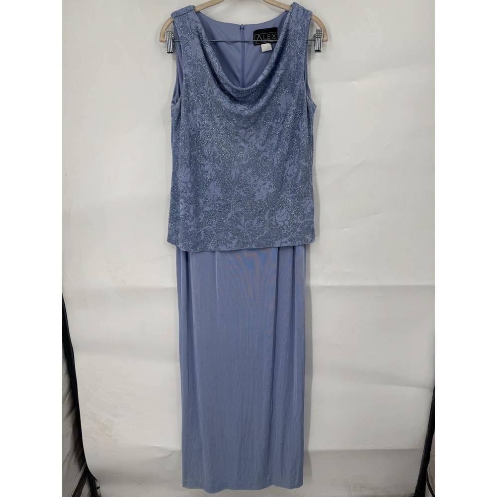 Alex Evenings Gown Womens 12 Blue Glitter Floral Cowl Neck Formal Maxi Dress Set